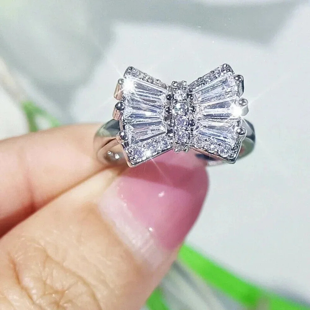 NEW 925 Sterling Silver Baguette Diamond Bow Ring Big Statement Ring Band